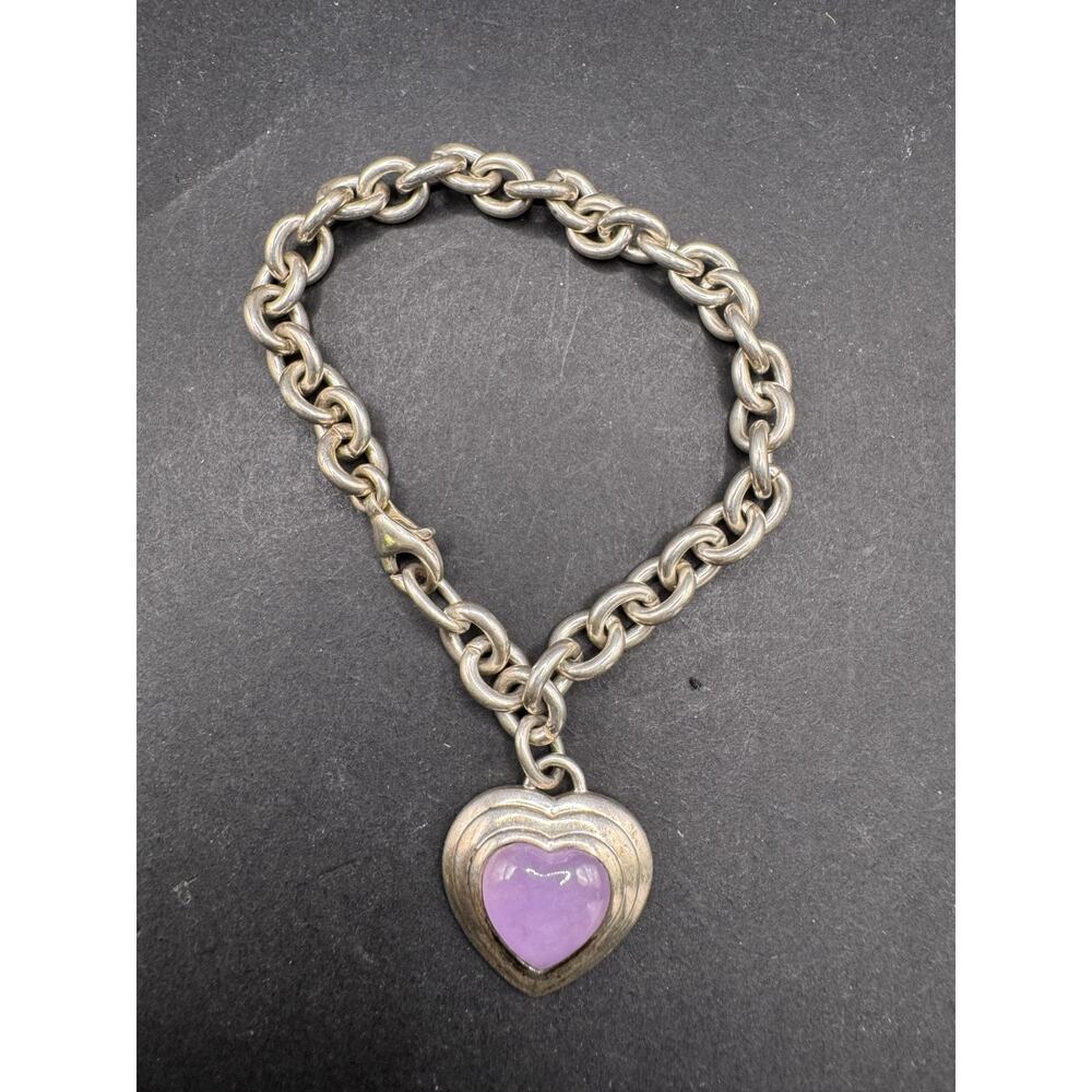 925 Sterling Silver CNA Thailand Purple Jade Heart Charm Rolo Link Bracelet 6.75